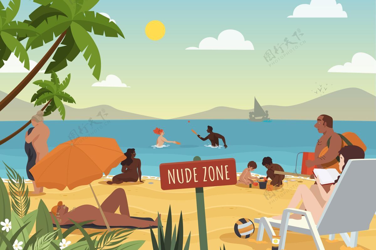 成人卡通裸体主义概念插图夏天自然海滩