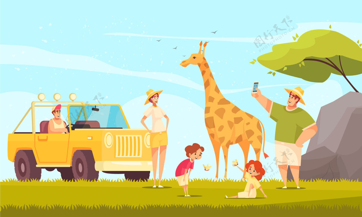 稀树草原越野驾驶狩猎探险公寓与年轻的家庭和孩子们做长颈鹿照片野生动物汽车