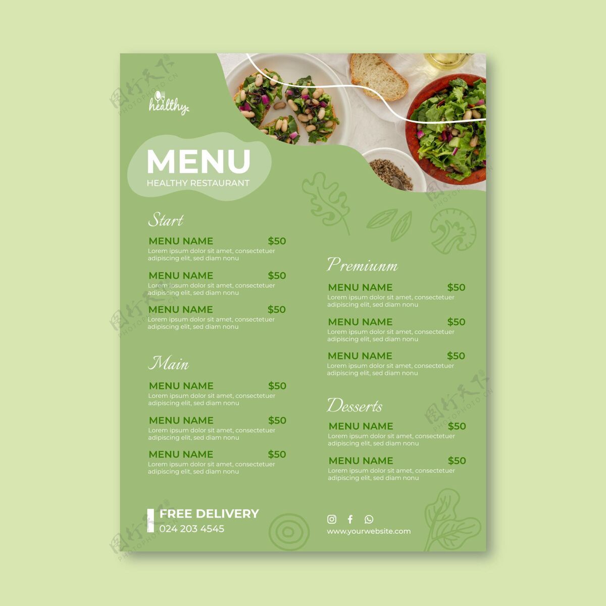 随时打印健康餐厅菜单模板烹饪美味食物
