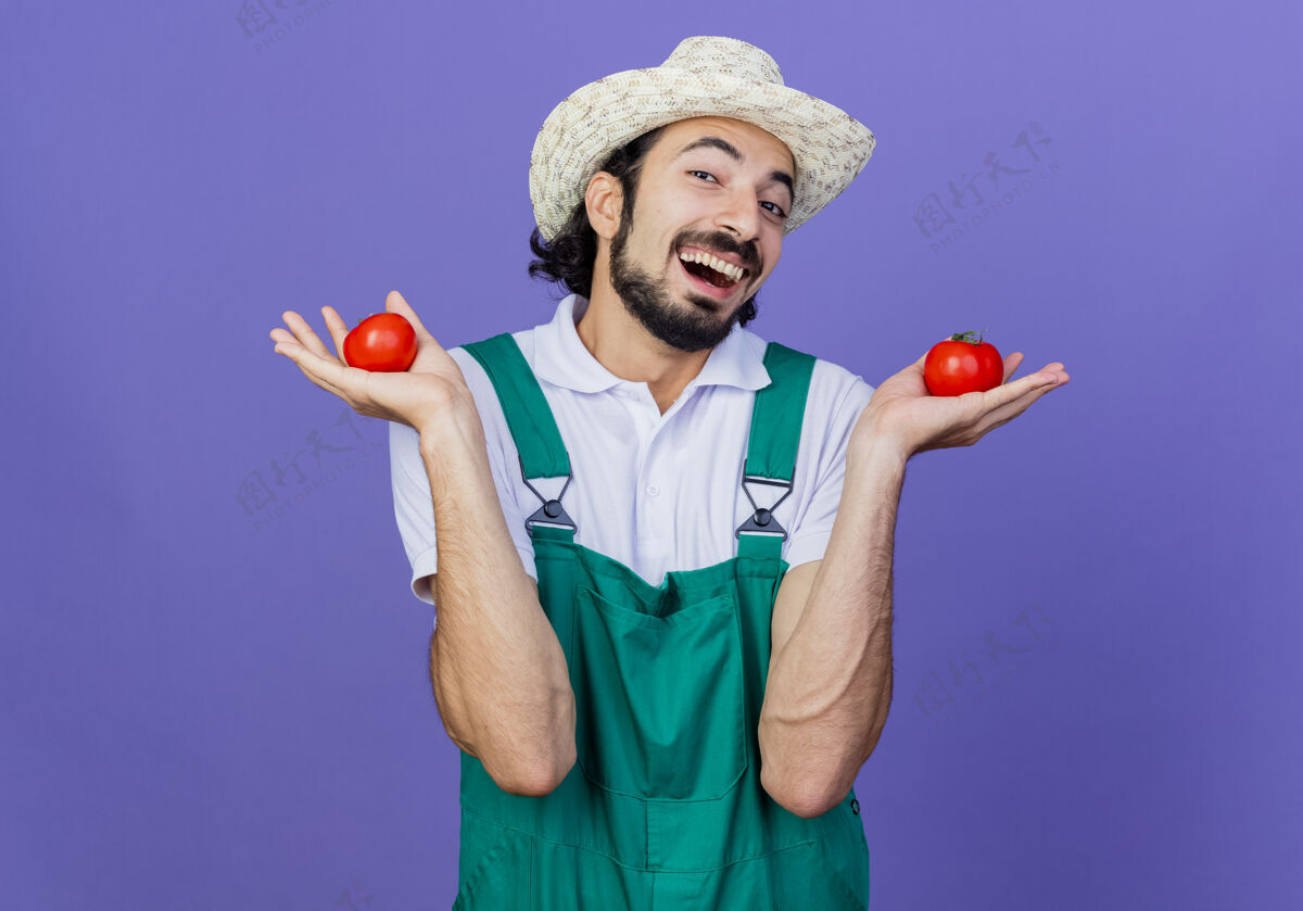 市民有趣的年轻留着胡子的园丁 穿着连体衣 戴着帽子 手里拿着新鲜的西红柿 站在蓝色的墙上 开心地笑着脸新鲜人