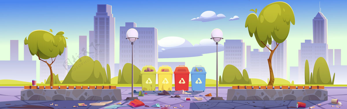 垃圾脏兮兮的城市公园里有垃圾桶 用来分离和回收垃圾公园城市城镇