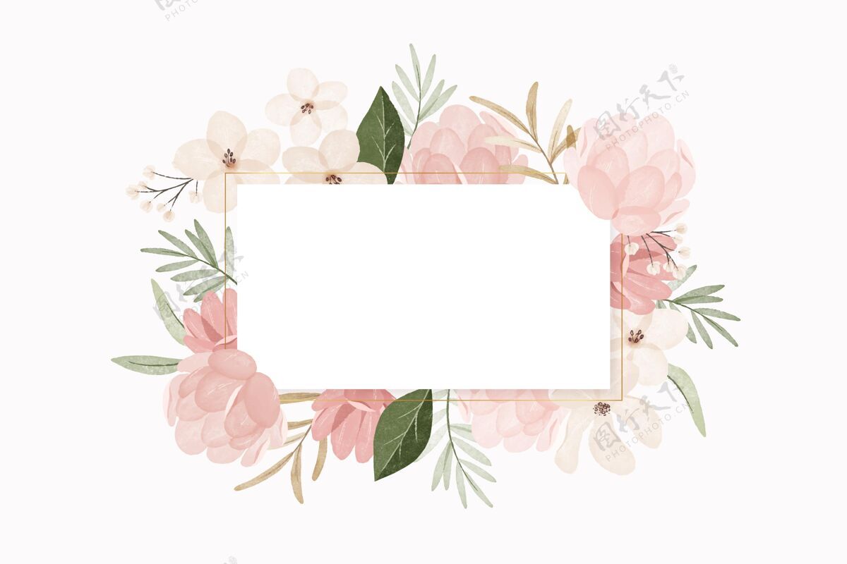 花卉白色边框的水彩复古花卉花卉春天水彩