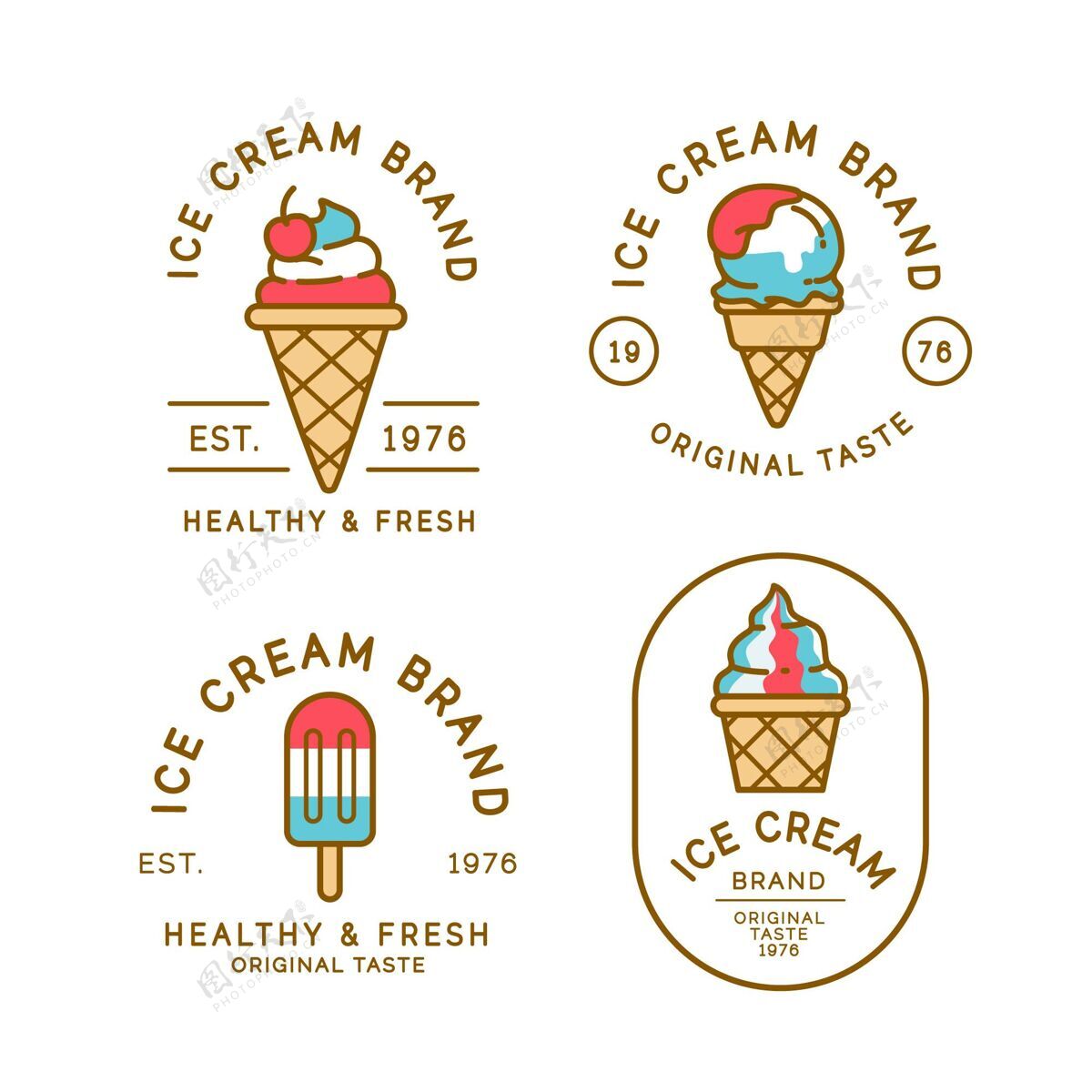 夏季线性扁平冰淇淋标签收集风味冰淇淋食品