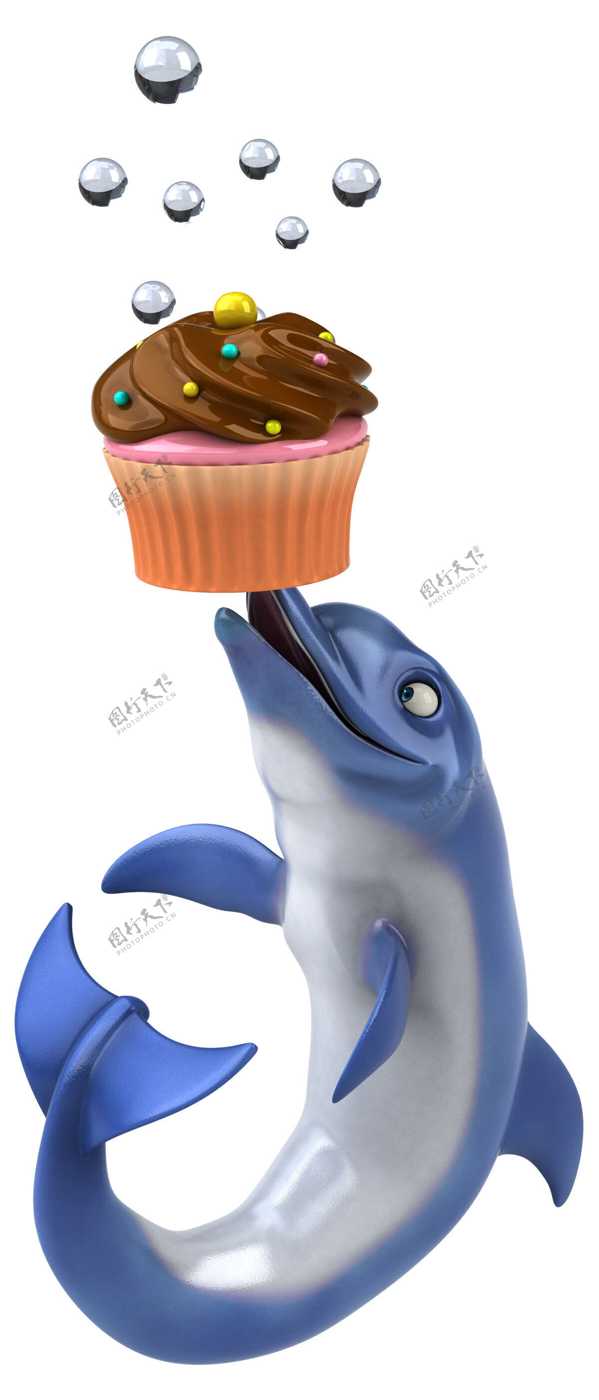 可爱有趣的海豚三维插图动物蓝色海洋