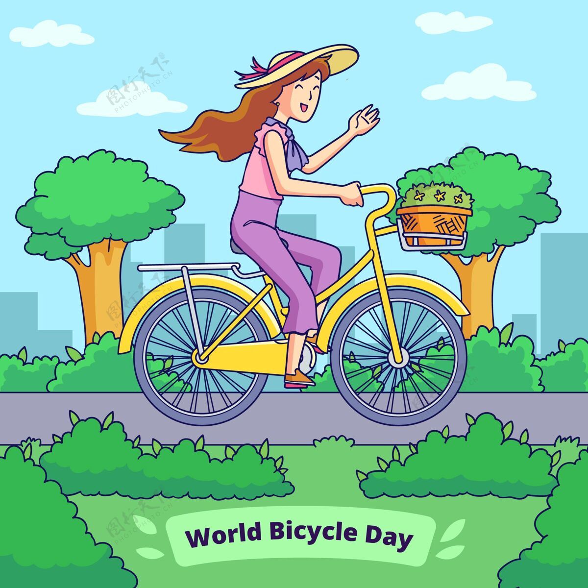 活动手绘世界自行车日插图骑自行车全球环保