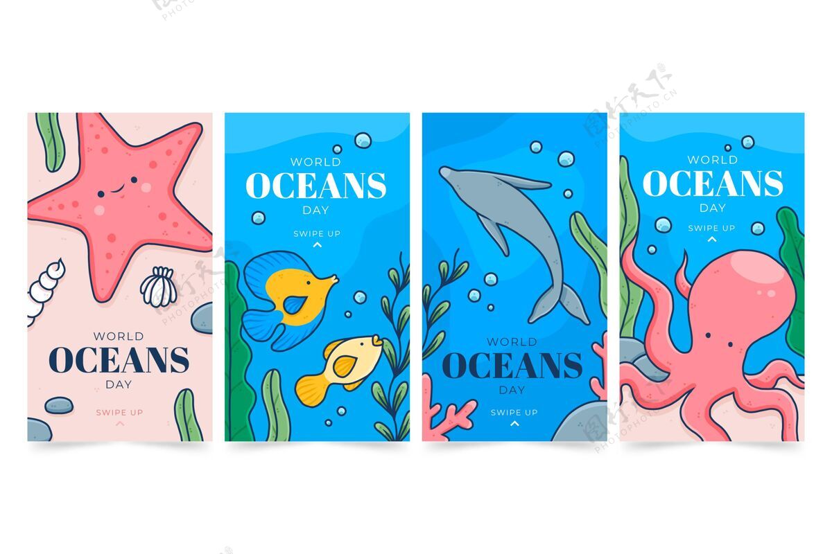 社交媒体故事手绘世界海洋日instagram故事集社交媒体国际星球