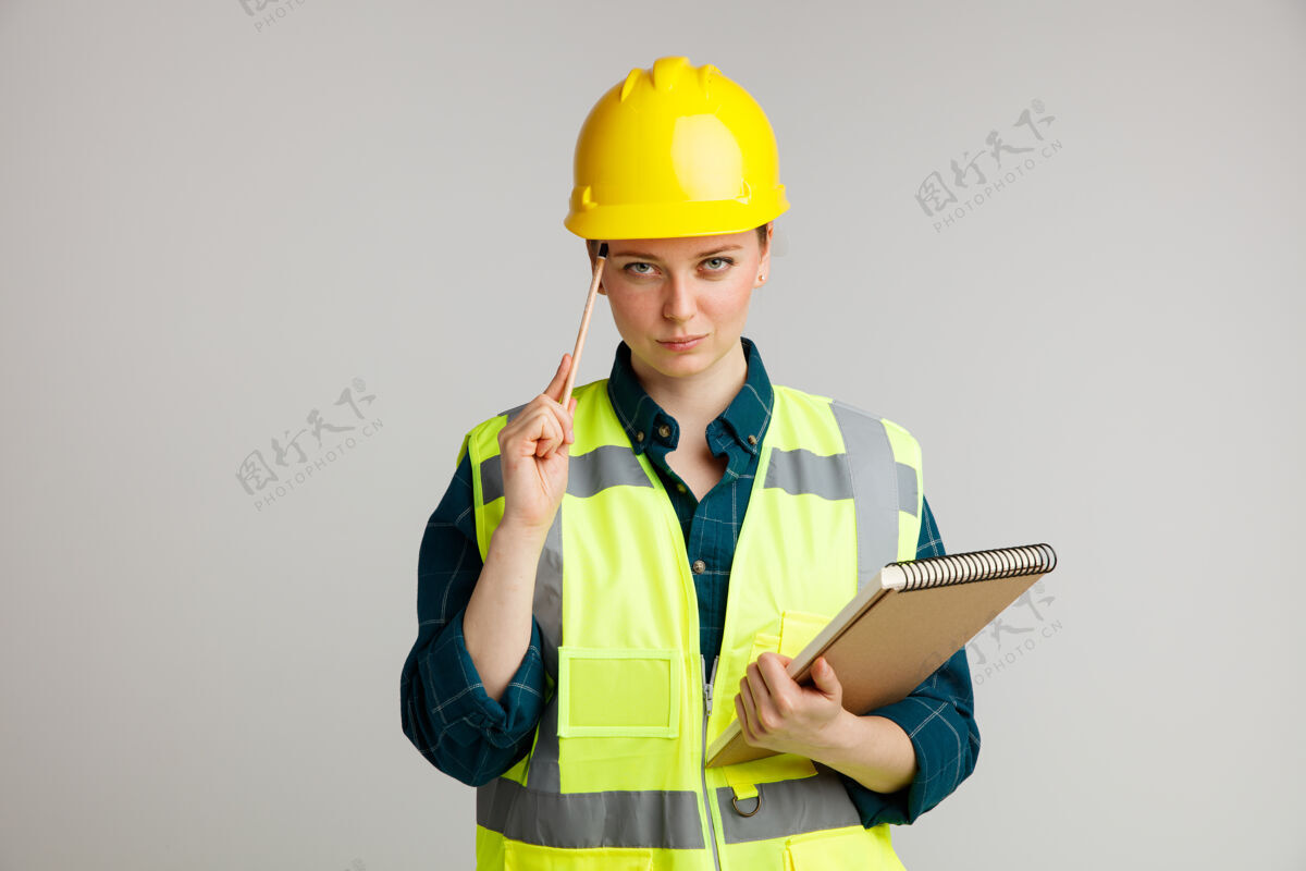年轻人自信的年轻女建筑工人戴着安全帽和安全背心拿着记事本用铅笔做着思考的手势头盔手持女性