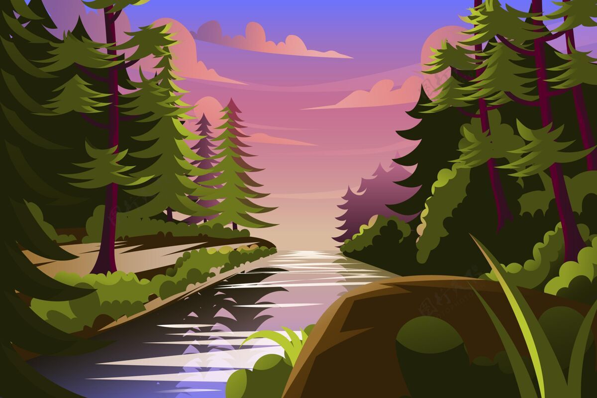 平面插图卡通丛林背景与美丽的河流杉树自然丛林背景