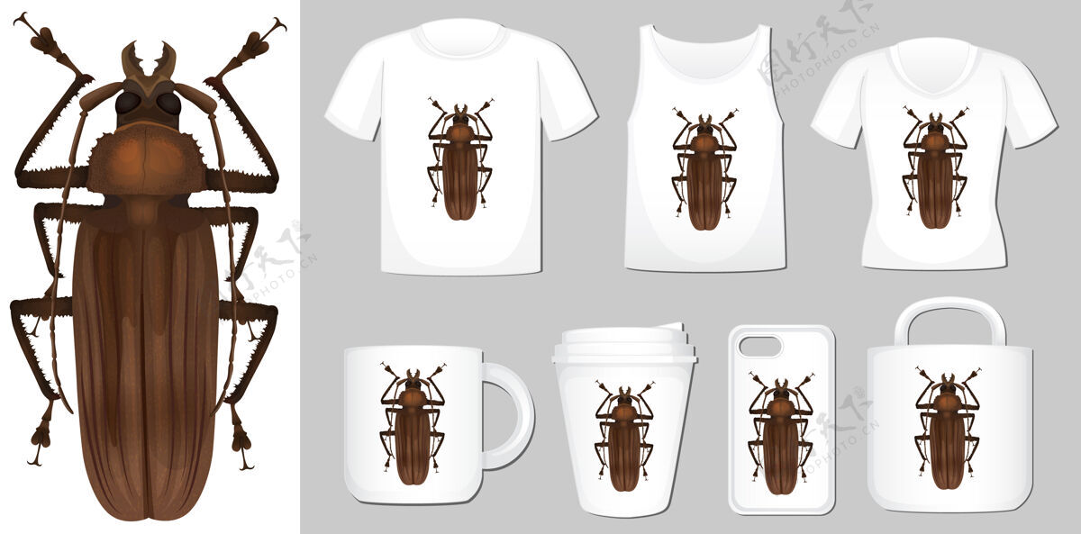 空白T恤 罩杯和罩盖移动设计与甲虫生活杯子包