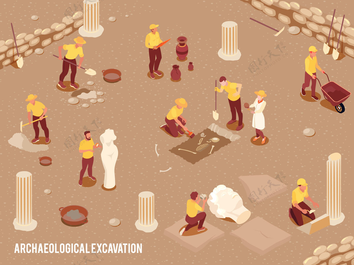 挖掘机考古学等距插图与考古发掘古代文物的过程等距古代过程