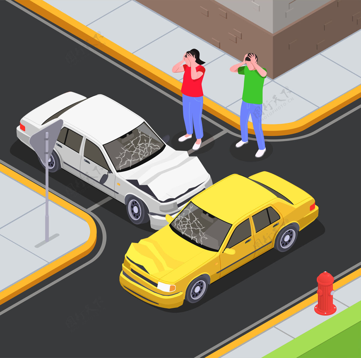 道路保险等距组成与道路交叉口户外风景和汽车碰撞与震惊的司机字符人物汽车构图