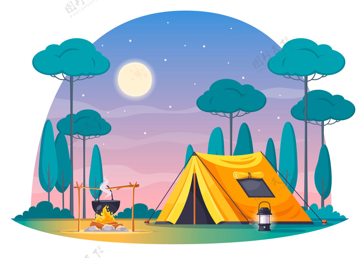 帐篷野营地卡通构图用黄色帐篷灯煲上火烧晚餐夜空卡通灯锅