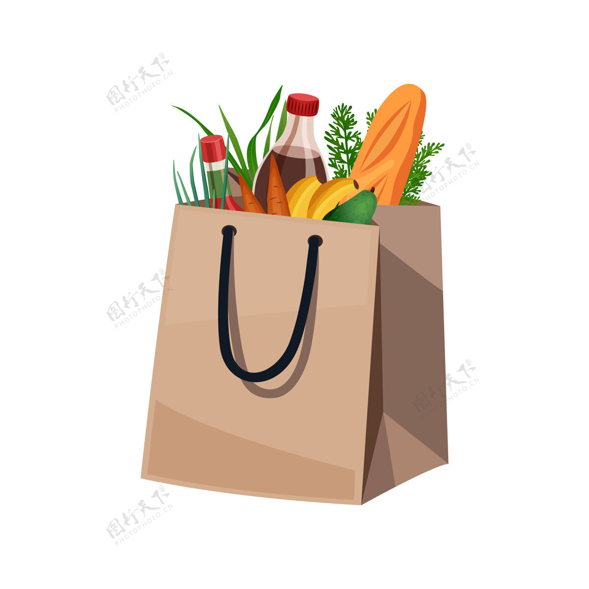 食品购物袋篮子组成的孤立形象的食品在纸袋水果包装购物