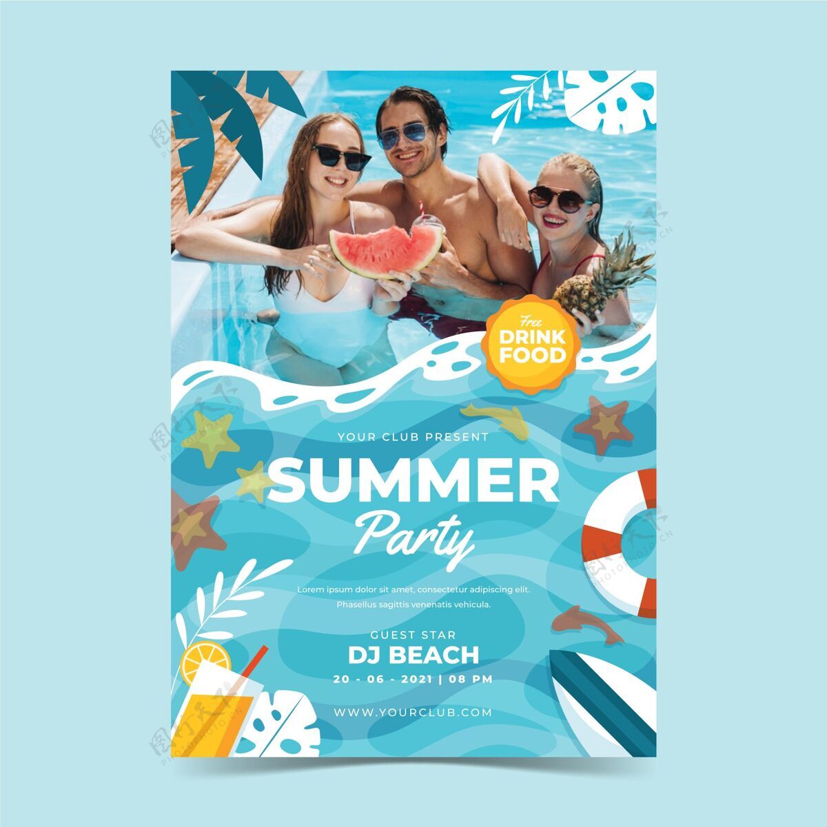 夏天平面夏季聚会垂直海报模板与照片夏天聚会传单夏天聚会季节