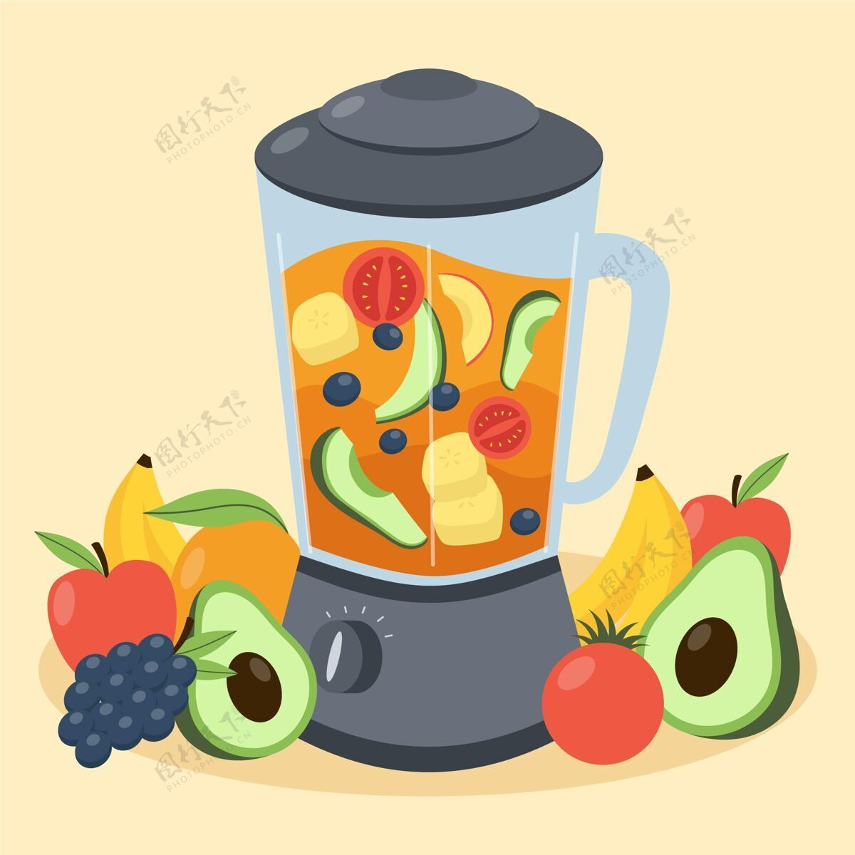 营养平面设计的果汁在搅拌机玻璃水果自制排毒
