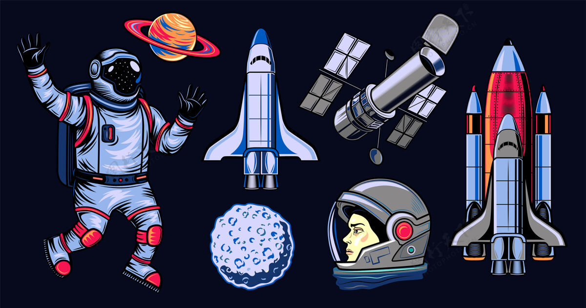 飞行器太空平面插图集彩色漫画元素的宇航员 航天飞机 土星和卫星孤立矢量插图收集标志设计和宇宙概念头盔宇宙飞船宇宙