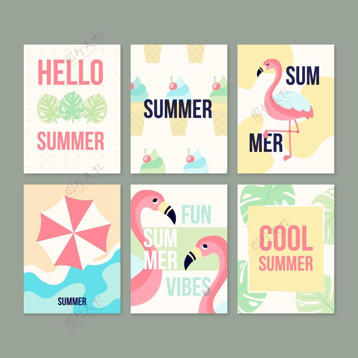 集合手绘夏季卡片系列集合卡片模板季节