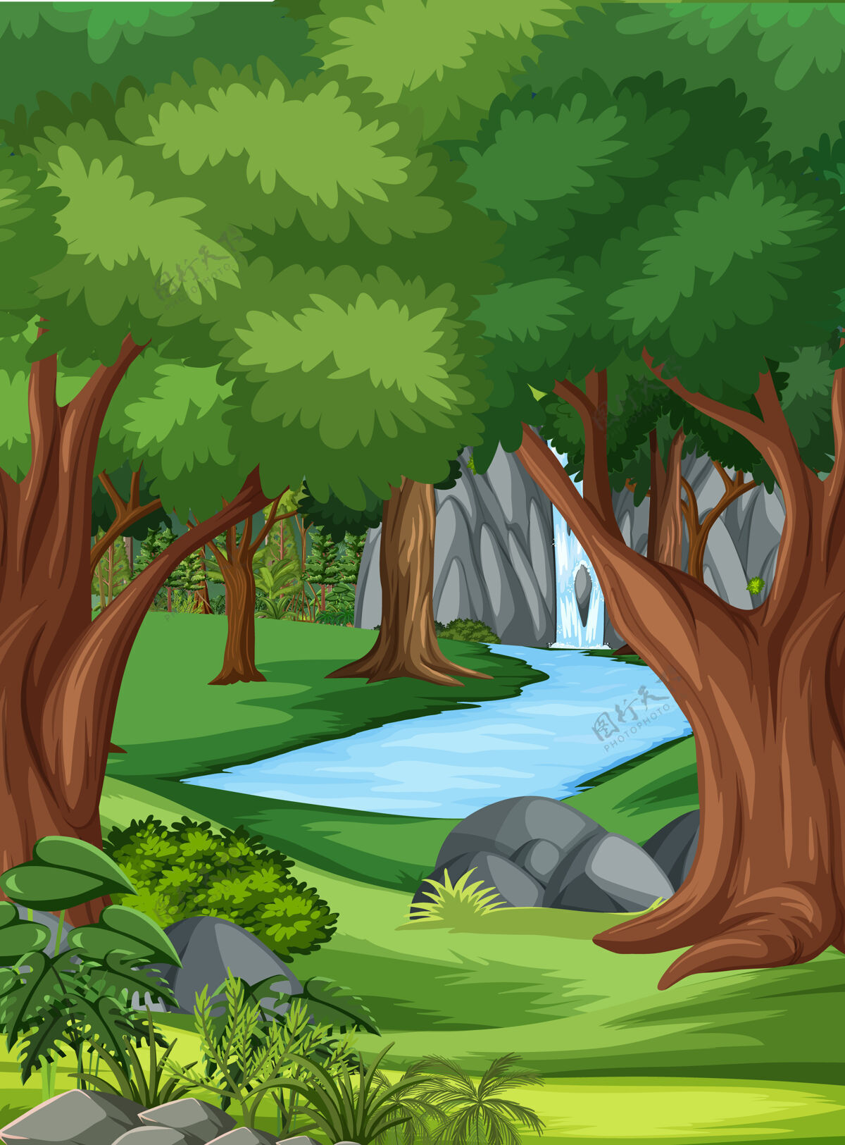 外有许多树木和瀑布的丛林景色森林绿色卡通