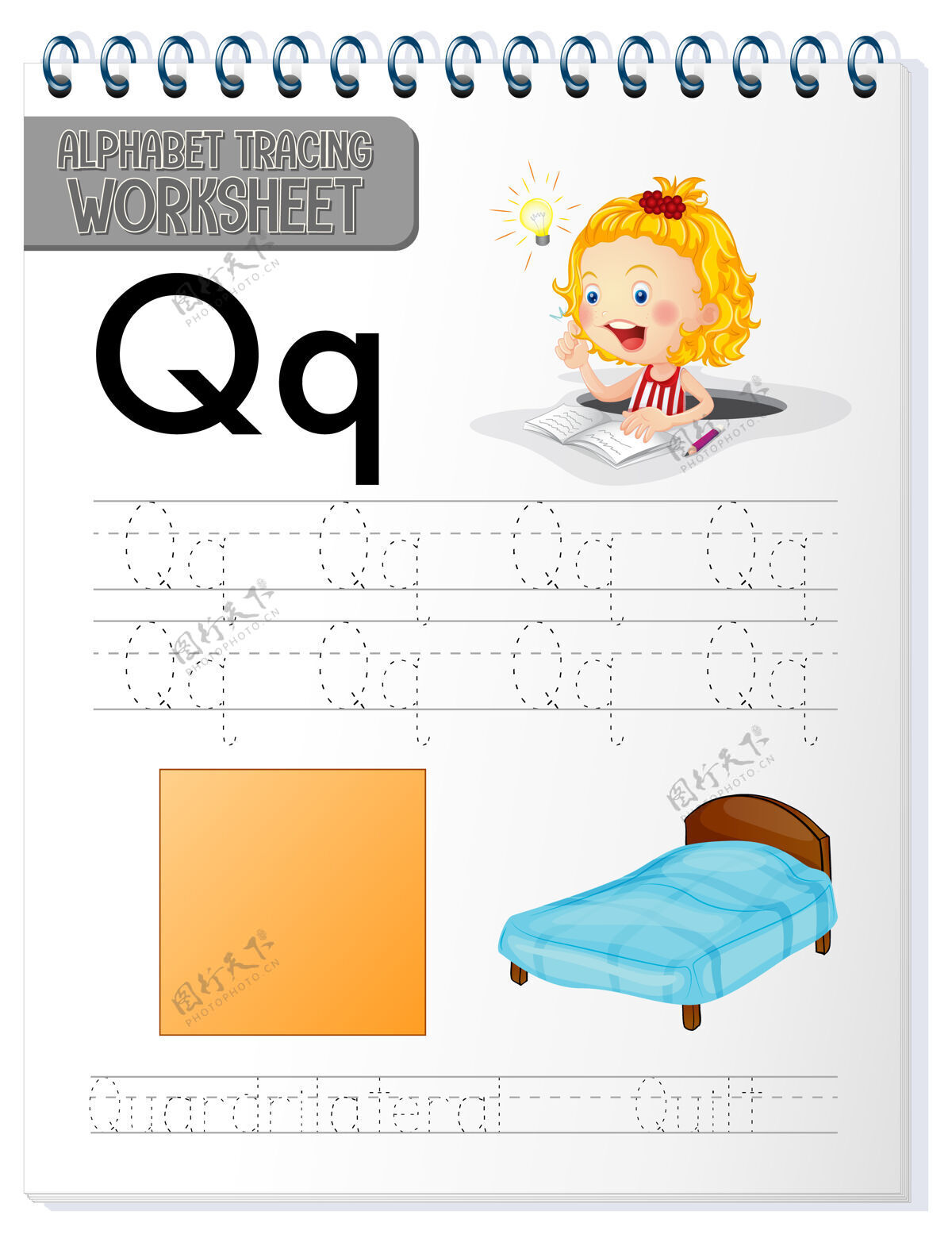 实践字母表跟踪工作表与字母q和q教育卡通形状