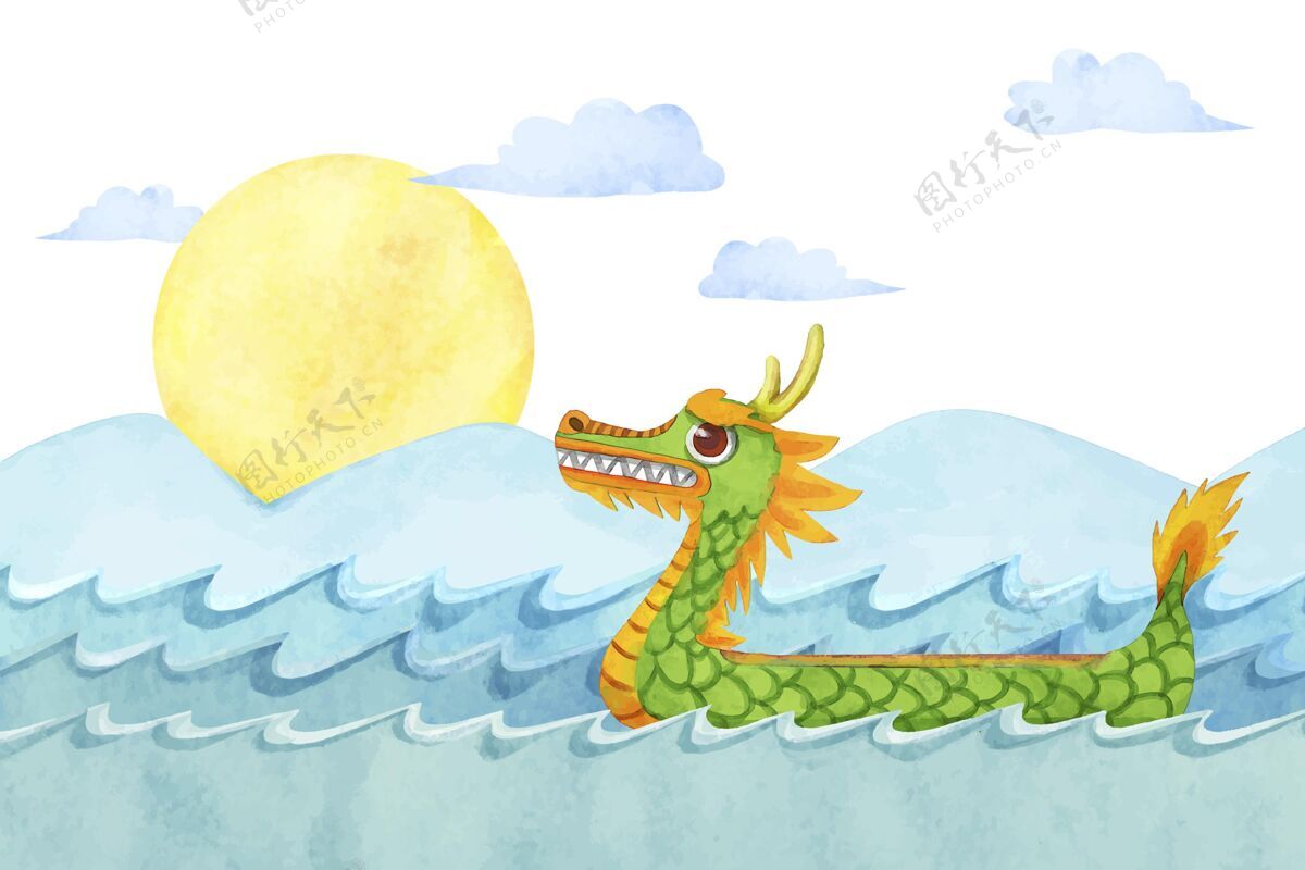 水彩手绘水彩画龙舟背景传统船中国