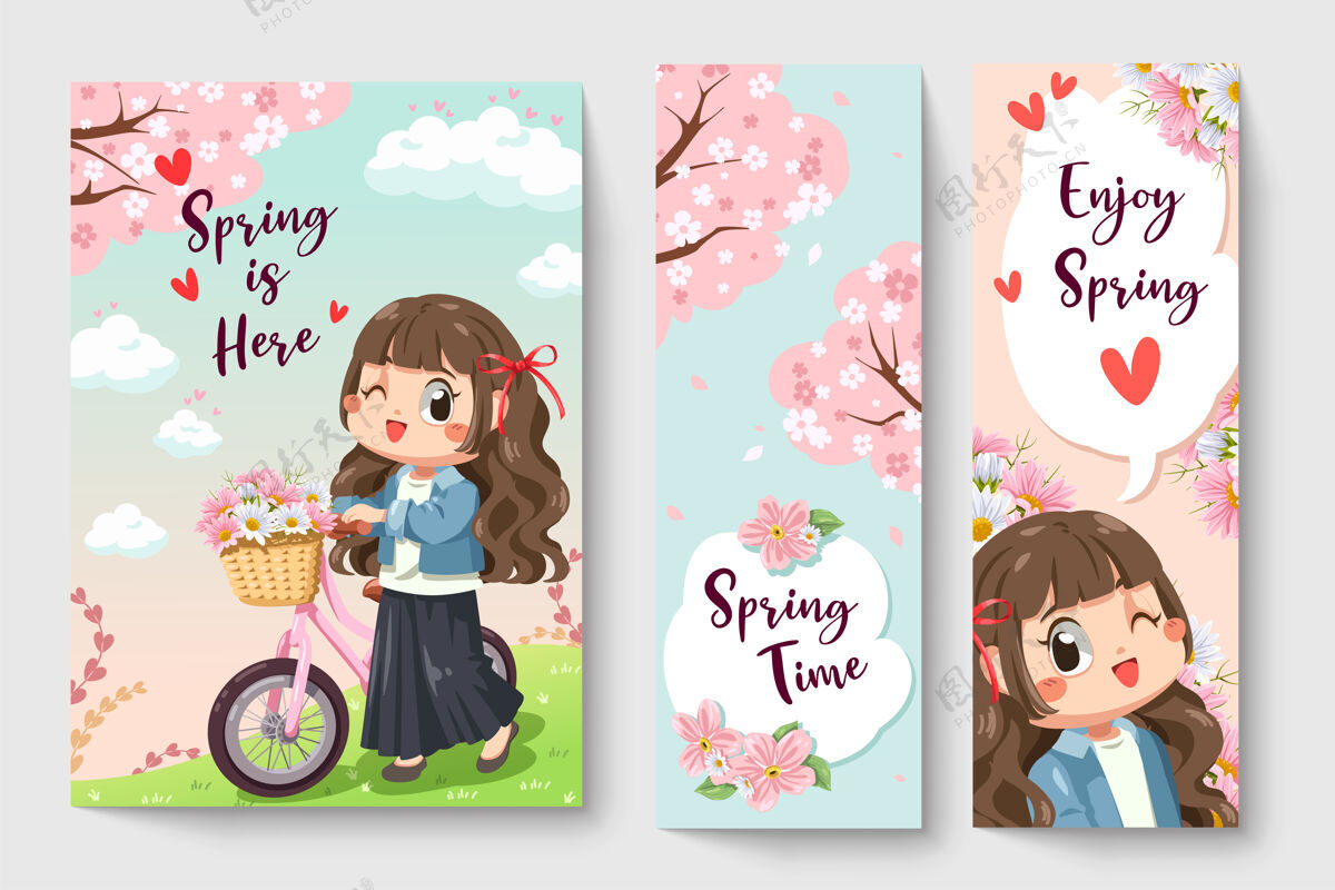 开花可爱的女孩骑自行车在春天主题插图为儿童时尚艺术作品花束自然孩子