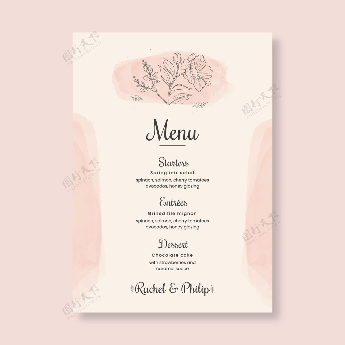 婚礼花卉婚礼菜单模板鲜花保存日期随时打印