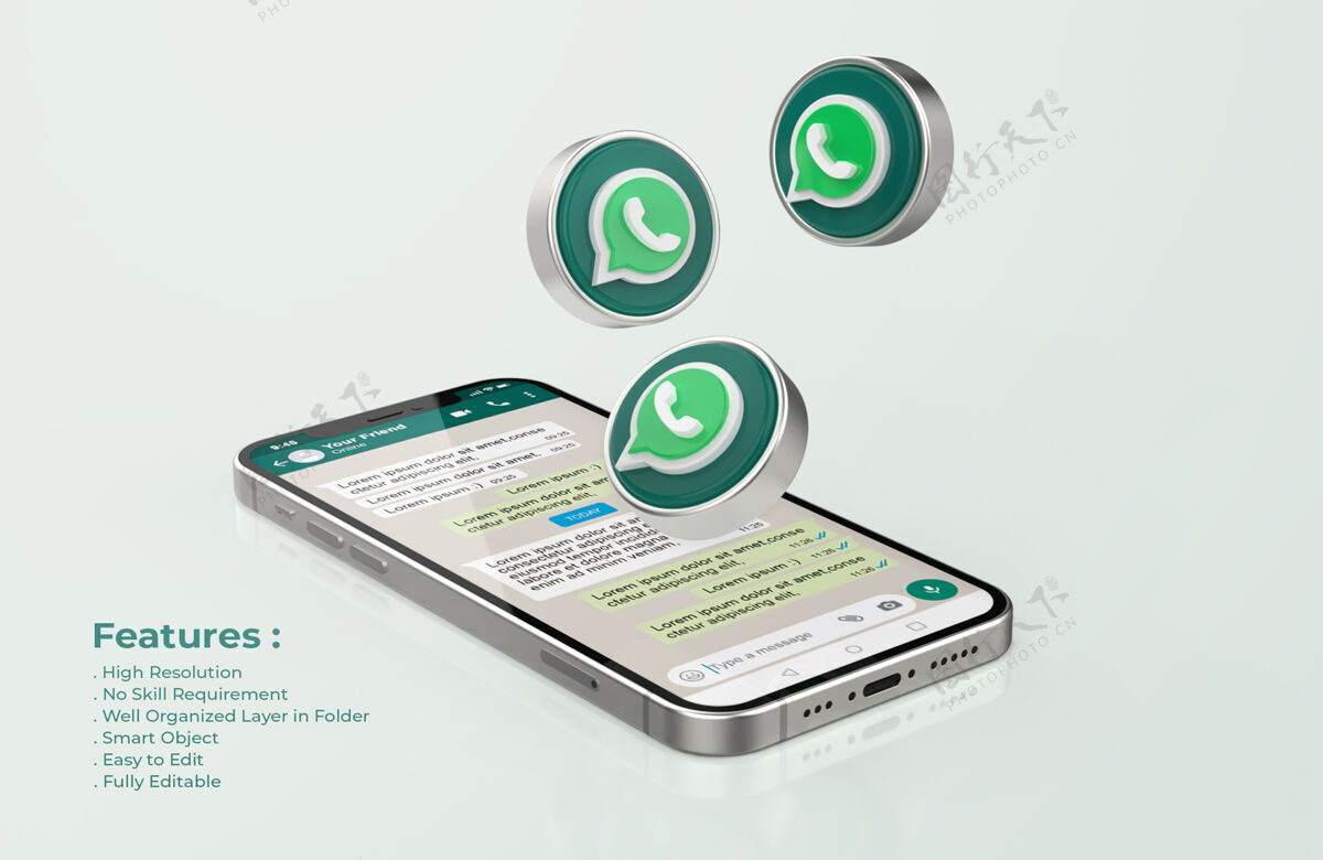 渲染Whatsapp的银色手机模型泡泡社交媒体设备