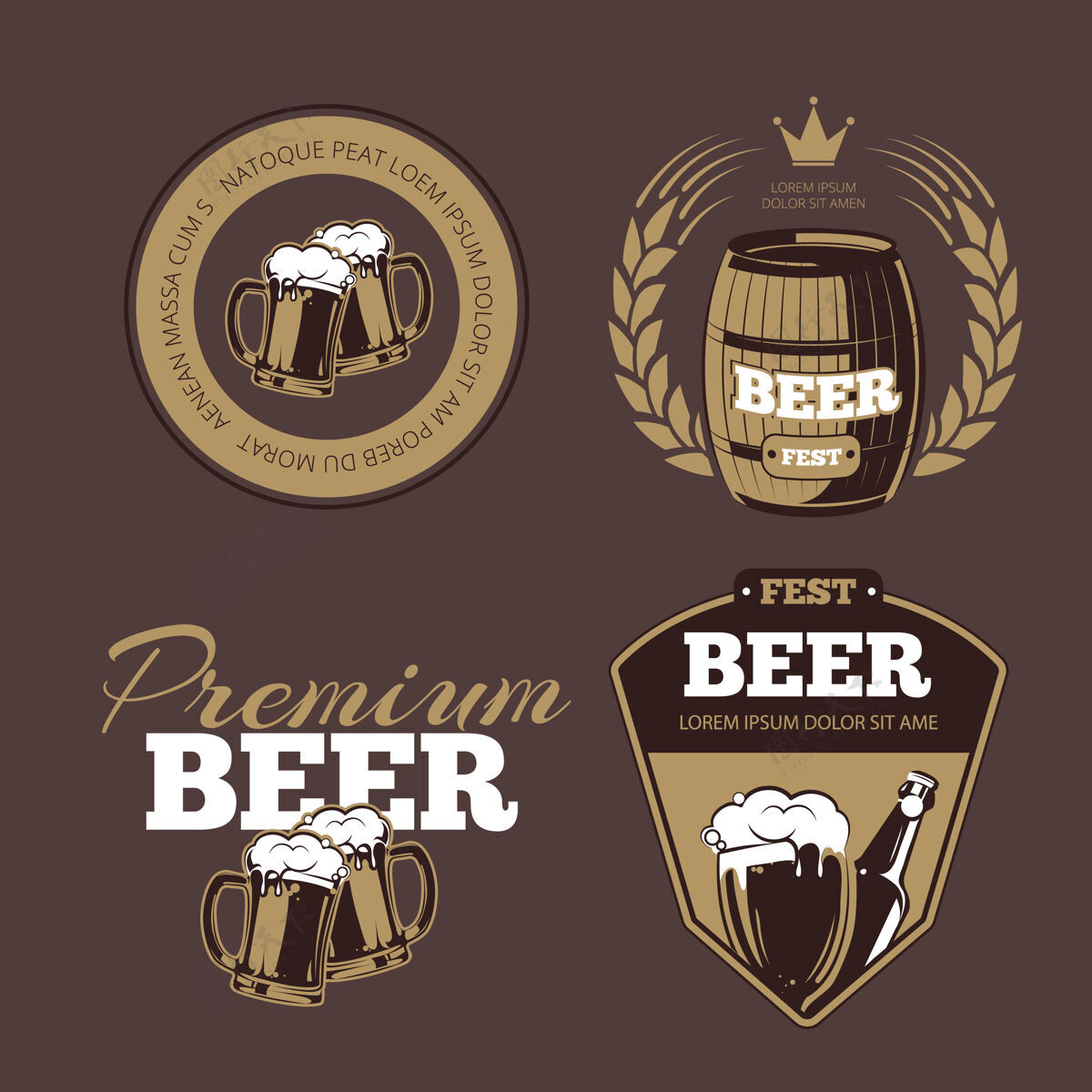 徽章啤酒图标 标签 海报和横幅标志啤酒节 优质啤酒 标签啤酒插图 啤酒酒精瓶集设置酒吧玻璃