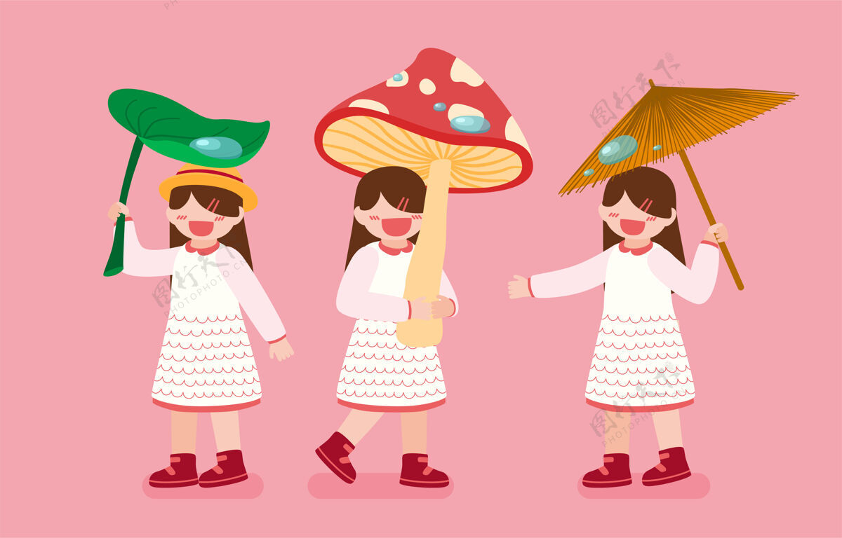 雨衣三个女孩抱着树叶 蘑菇和雨伞 在粉红色的卡通人物背景下捆绑在一起贴纸季节画