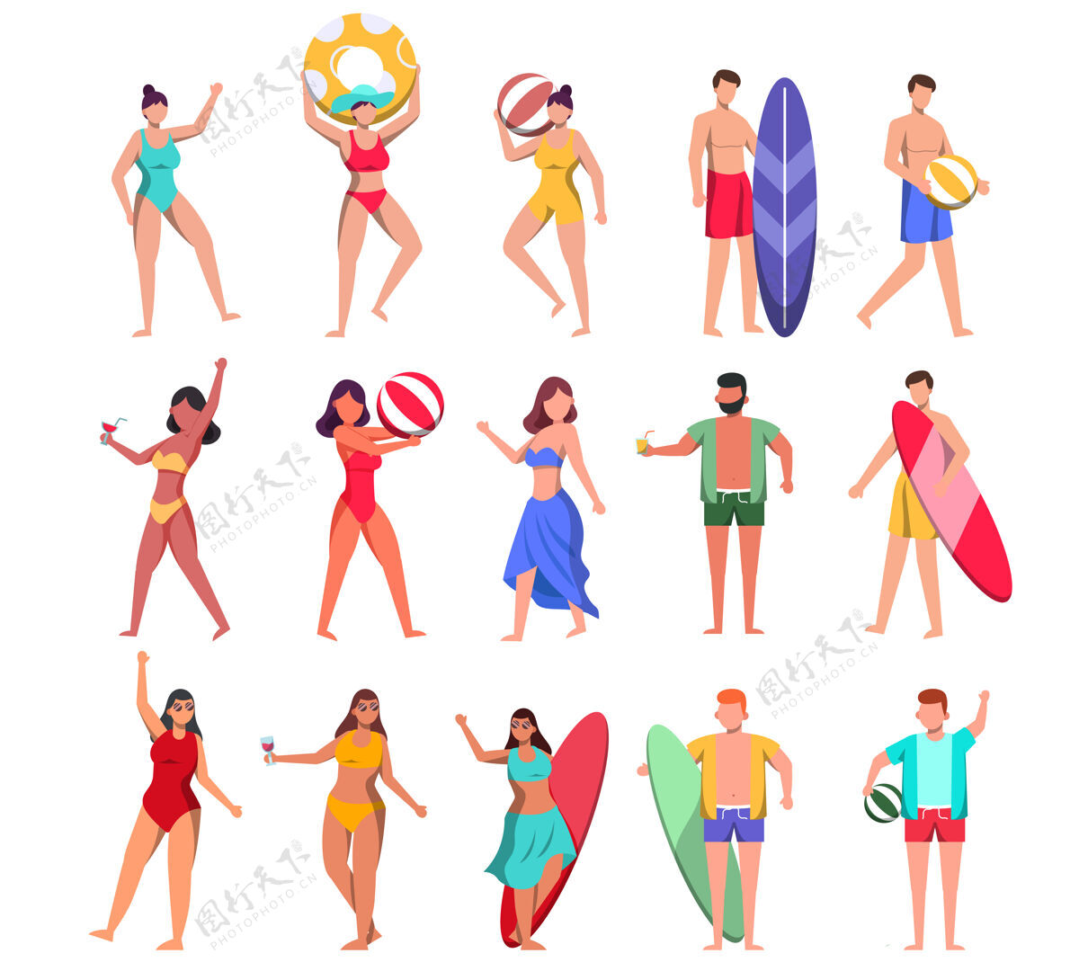 冲浪一捆15个男女角色穿着泳衣 摆着资产的姿势赛车角色职业