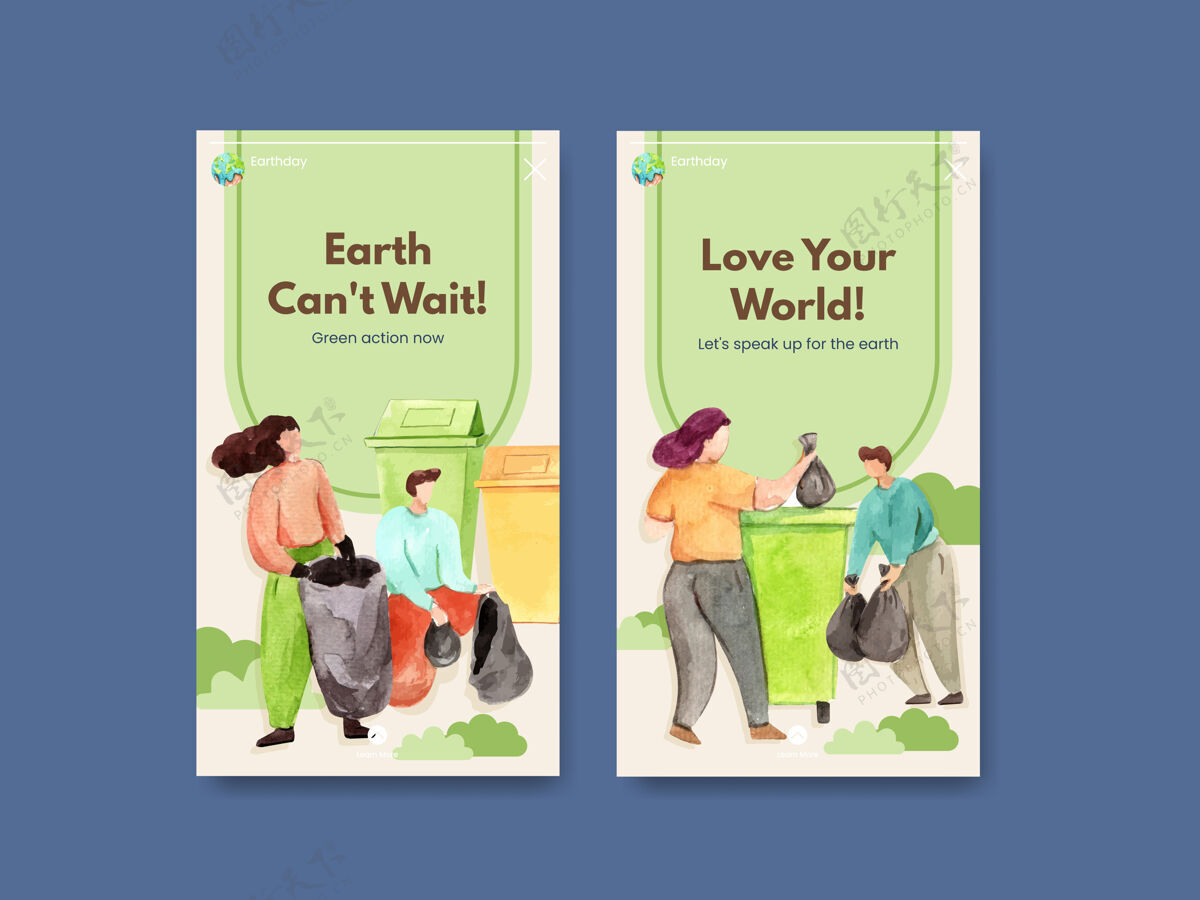 绿色社会媒体与地球日概念设计水彩插图模板地球日Instagram拯救世界