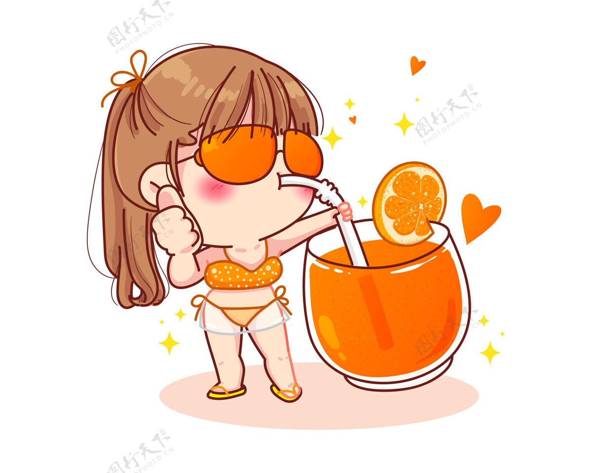 水果穿着比基尼的可爱女孩站着吮吸橙汁卡通插画橘子微笑蓝色
