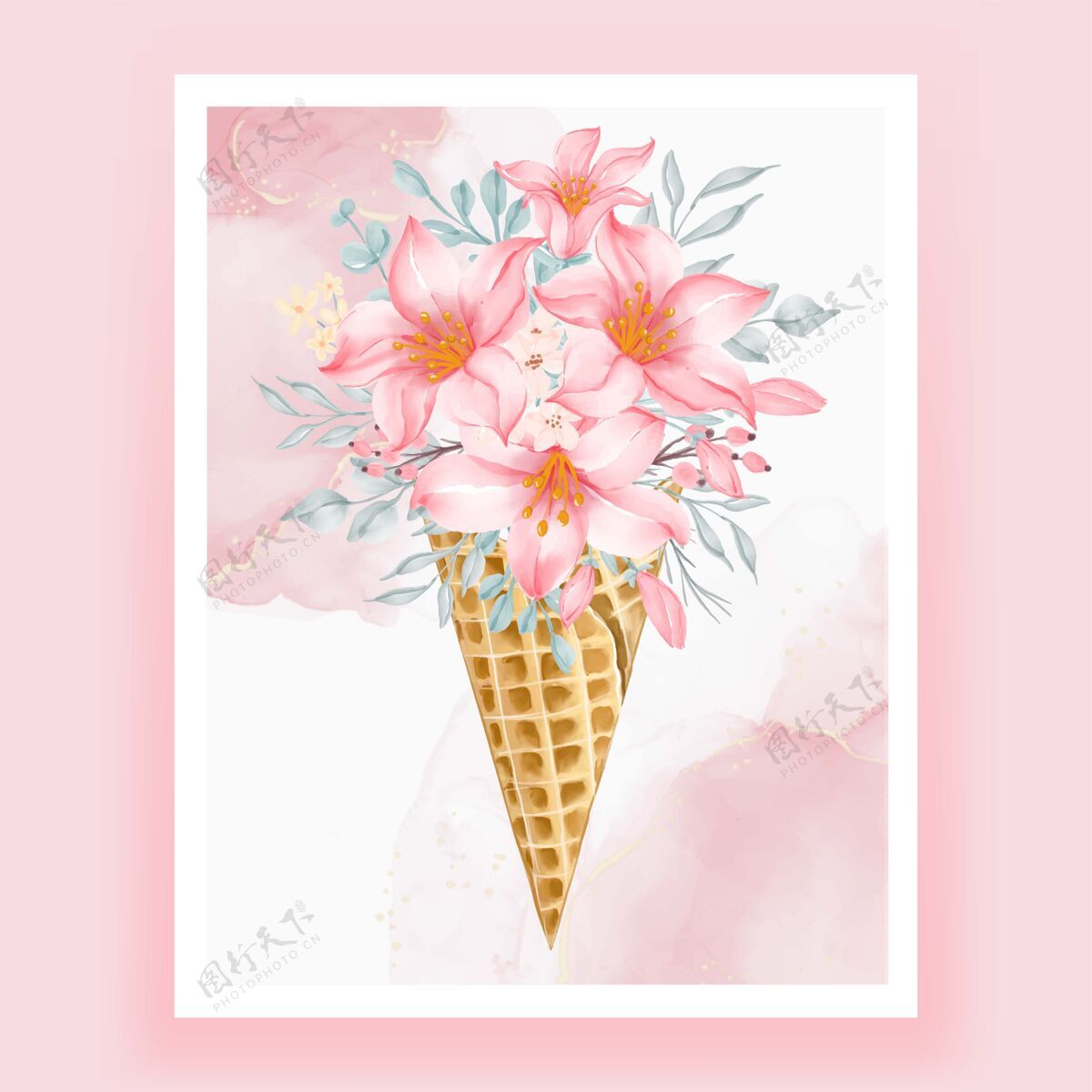 水彩水彩花粉红桃冰锥牡丹冰淇淋美味
