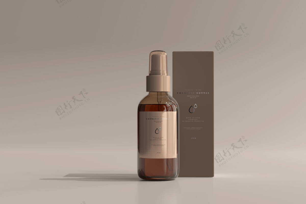 清洁琥珀色玻璃化妆品喷雾瓶盒模型简单乳液演示