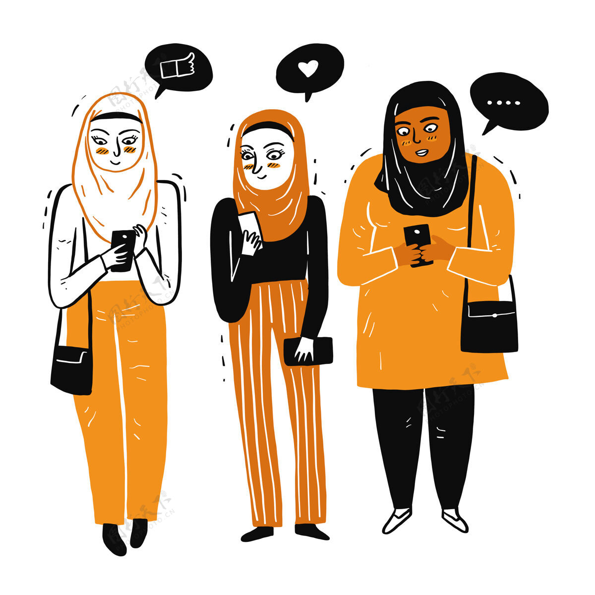 肖像穆斯林妇女聚集在一起愉快地使用智能手机在一个光明的日子伊斯兰女权主义平等