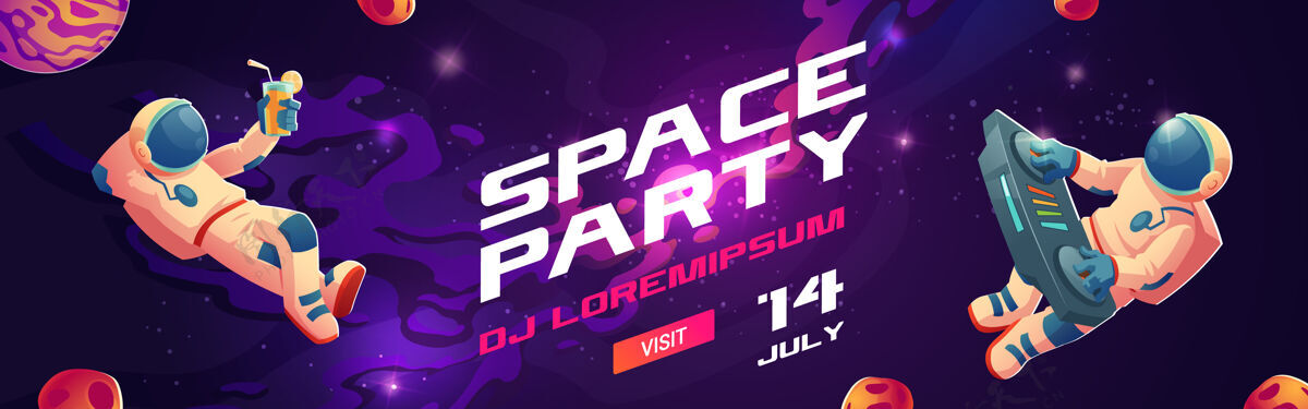 外星人太空派对卡通传单 邀请宇航员dj在太空转台上表演音乐音乐家聚会转盘