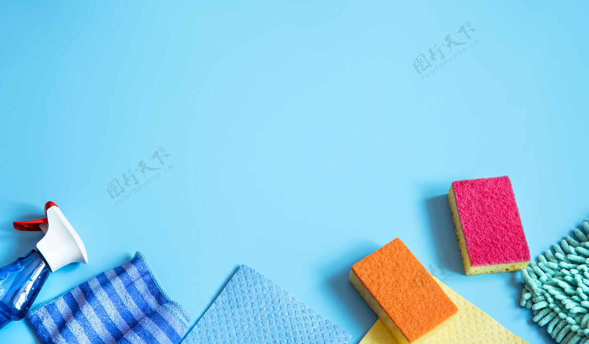 配件彩色合成海绵 抹布 手套和清洁剂的一般清洁平放一般组成产品