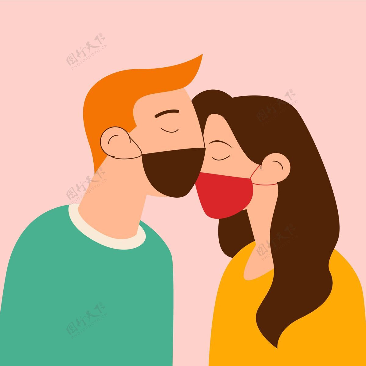 二人平面情侣亲吻与covid面具插图二人伴侣个人