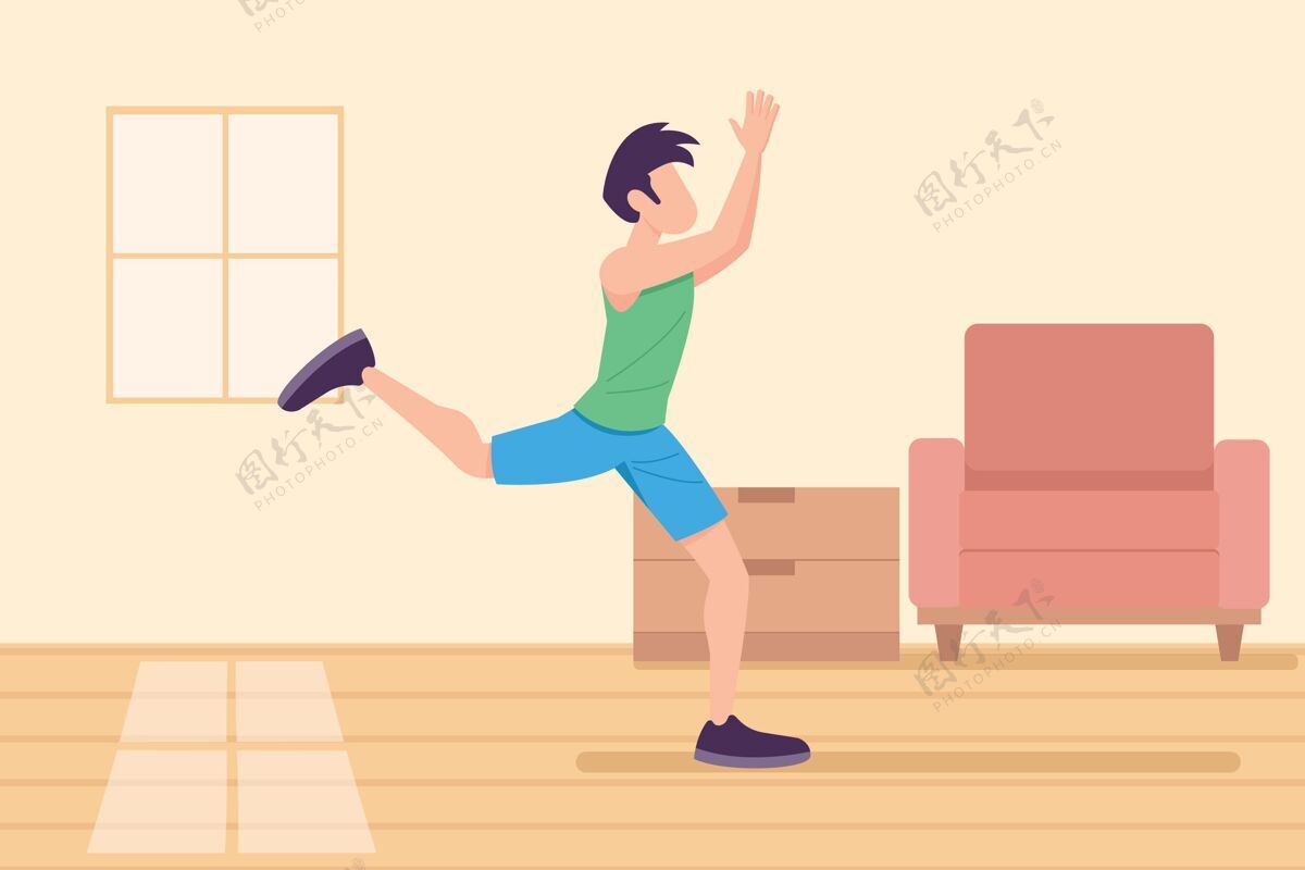 运动在家练习舞蹈健身的男人锻炼舞蹈健身房子