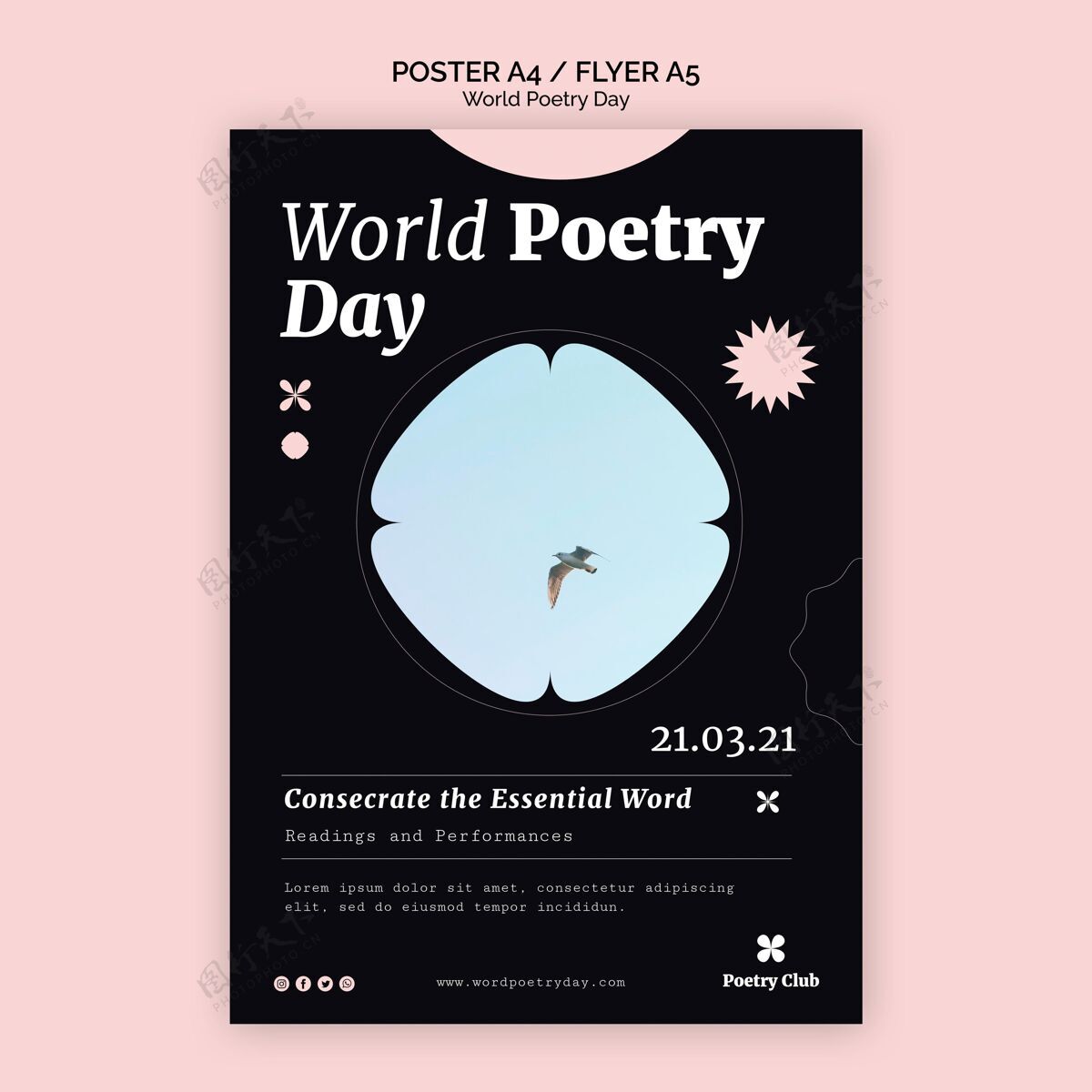 文学世界诗歌日活动传单模板海报阅读诗歌