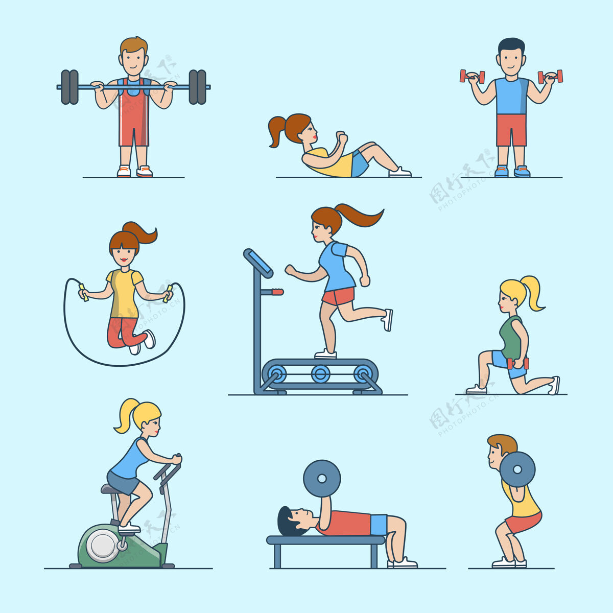 公寓直线平板运动锻炼健康生活理念集女人 男人抽铁锻炼训练跑步机锻炼