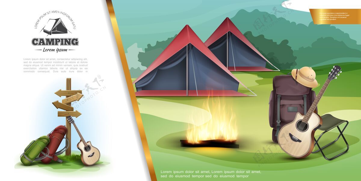 营火逼真的夏季露营彩色模板与路标背包吉他巴拿马帽子便携式椅子篝火和帐篷上的森林景观插图配件探险娱乐
