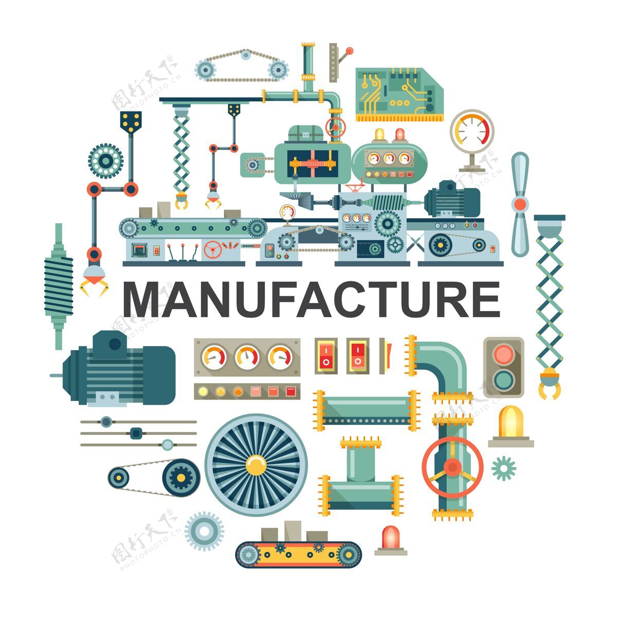 工业平面工业圆概念带不同零部件的输送带插图发电机圆形汽车