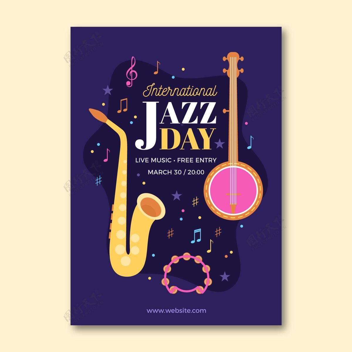平面设计平面国际爵士日垂直海报模板国际爵士乐日爵士乐音乐会音乐节
