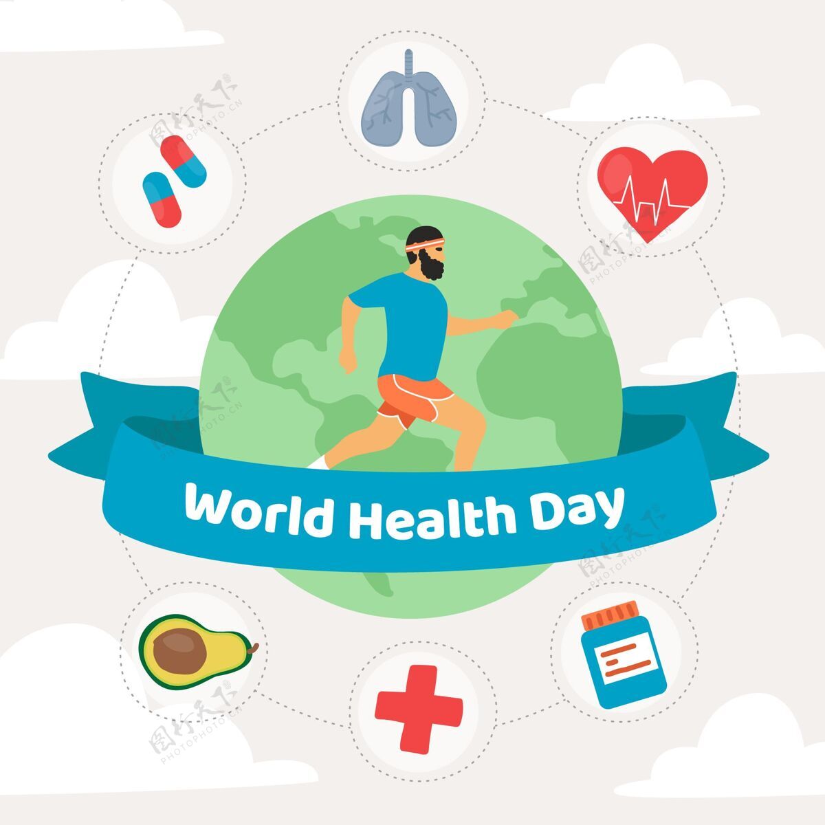 健康专业人士手绘世界卫生日插图健康医疗保健预防