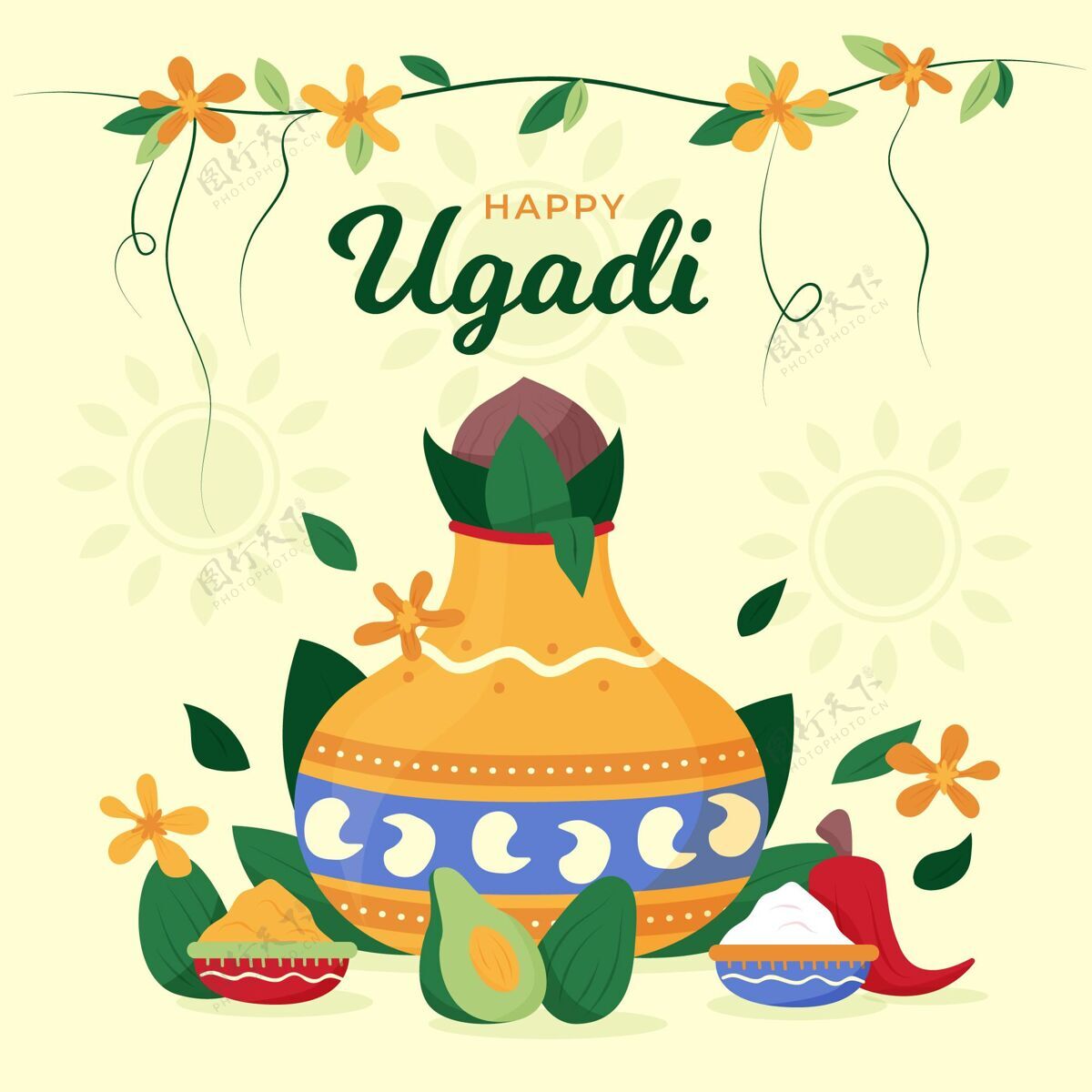 快乐乌加迪手绘乌加迪插图印度教节日印度