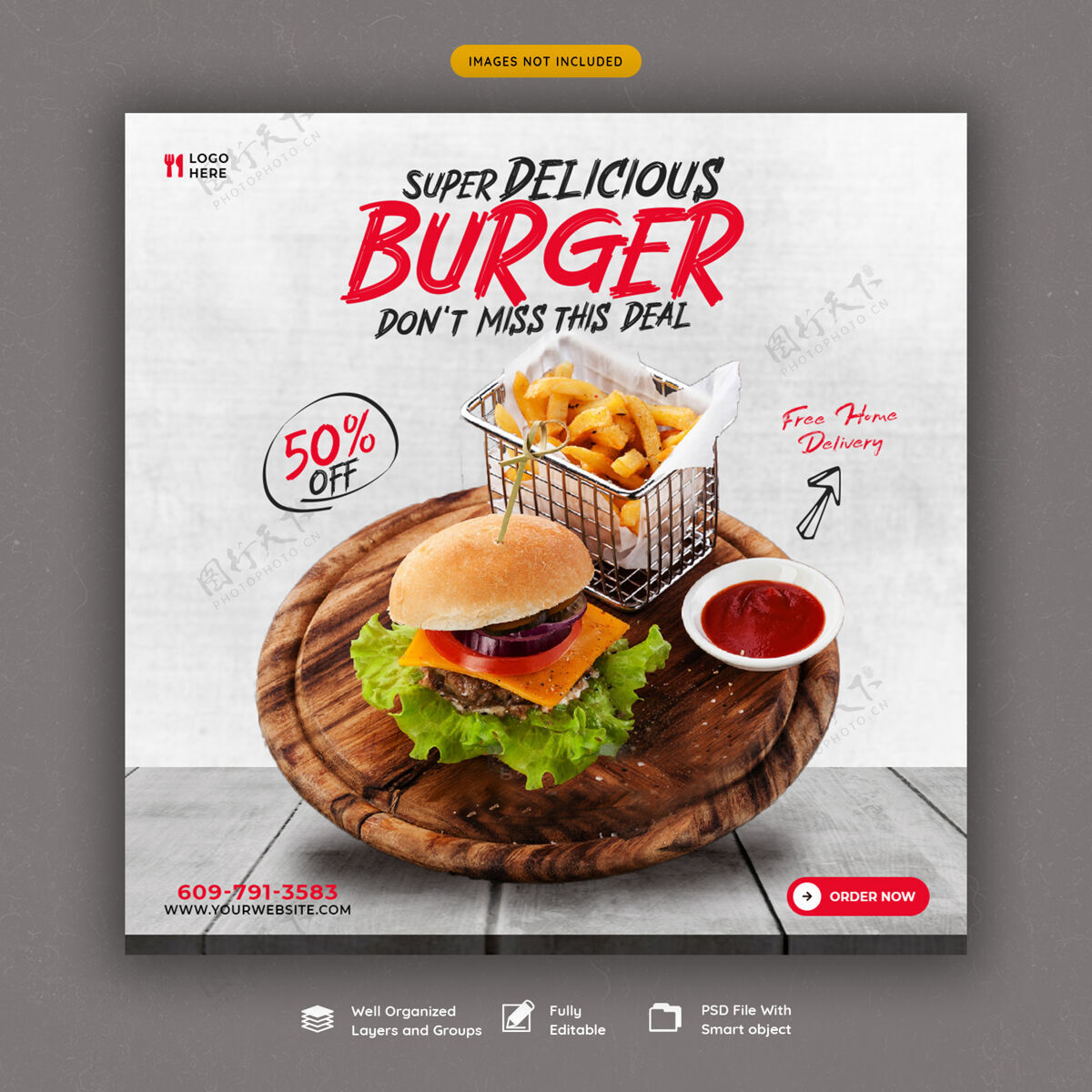 折扣美味汉堡和食物菜单社交媒体横幅模板销售帖子Instagram帖子