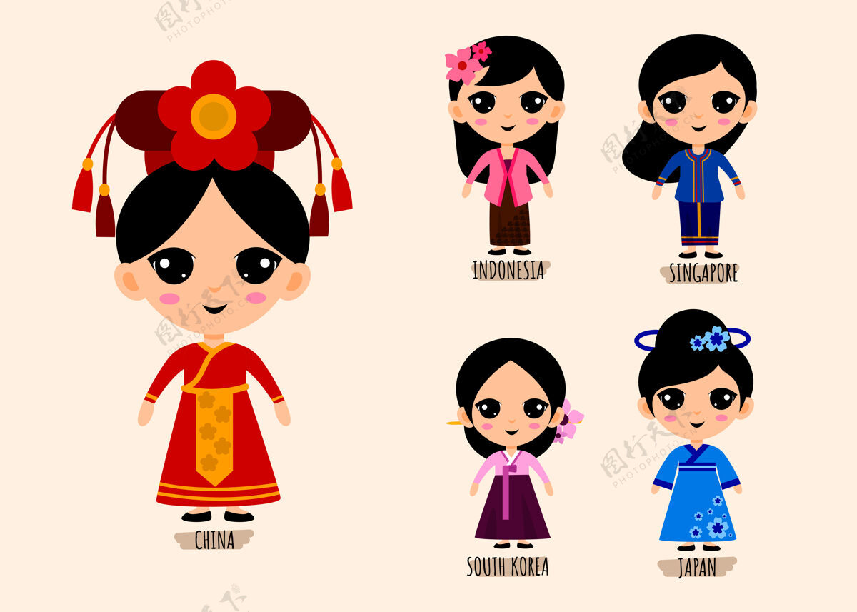 地区集人们在传统亚洲服饰中的卡通人物 女性民族服饰的集合理念 孤立的平面插画可爱国际韩国