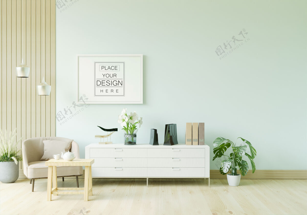 家具客厅模型中的海报框架现代室内室内地板