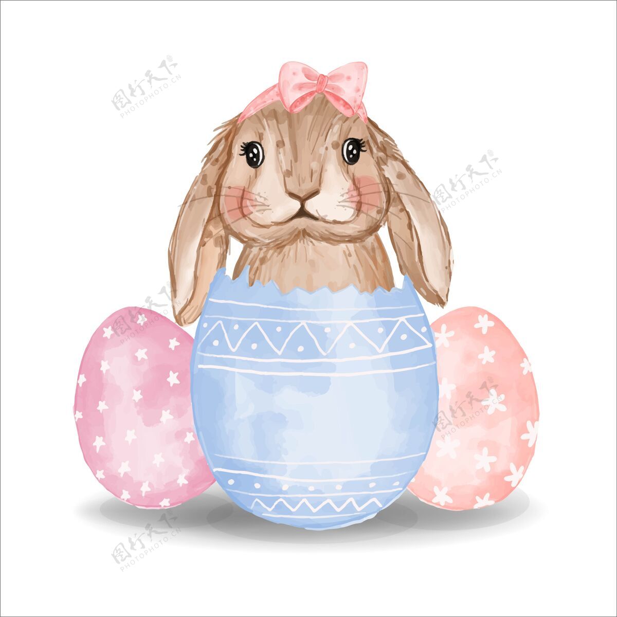 粉色粉色和蓝色蛋的水彩画兔子兔子快乐美丽